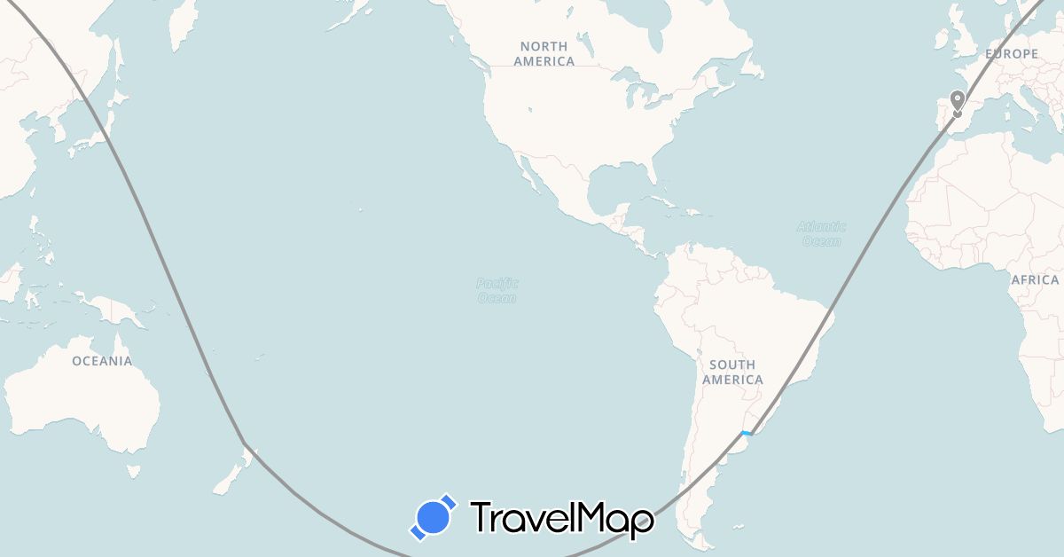 TravelMap itinerary: driving, plane, boat in Argentina, Spain, Japan, New Zealand, Uruguay (Asia, Europe, Oceania, South America)